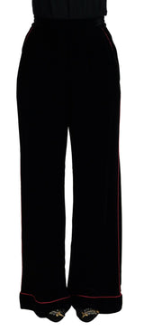 Sleek Black Velvet High-Waist Pants with Pink Stripes