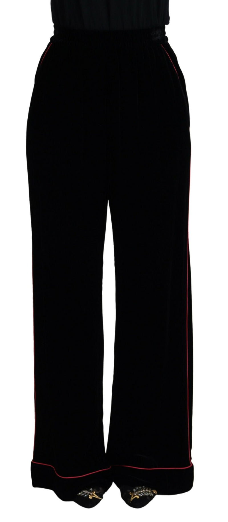 Sleek Black Velvet High-Waist Pants with Pink Stripes