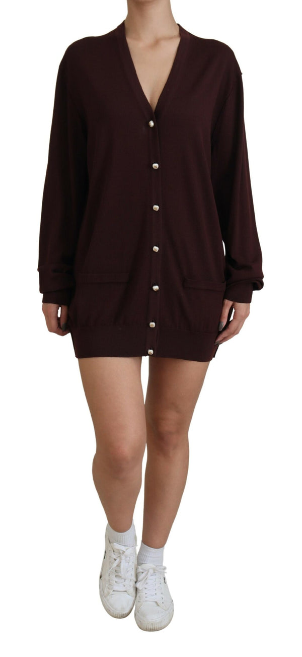 Cardigan di lana dal collo a V chic maroon