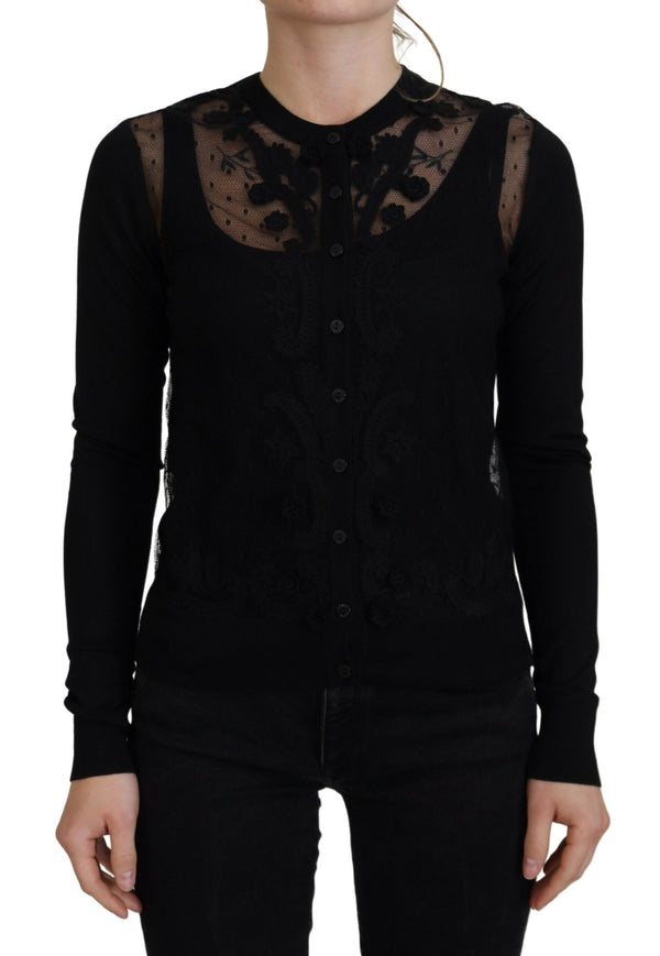 Elegante maglione di cardigan in pizzo floreale nero