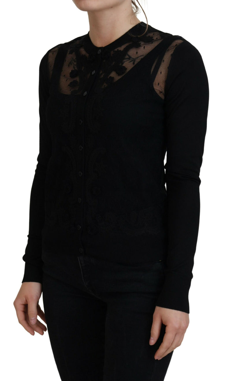 Elegante maglione di cardigan in pizzo floreale nero