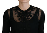 Elegante maglione di cardigan in pizzo floreale nero