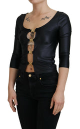 Elegant Black 3/4 Sleeve Top avec des détails d'or