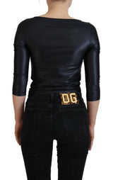 Elegant Black 3/4 Sleeve Top avec des détails d'or