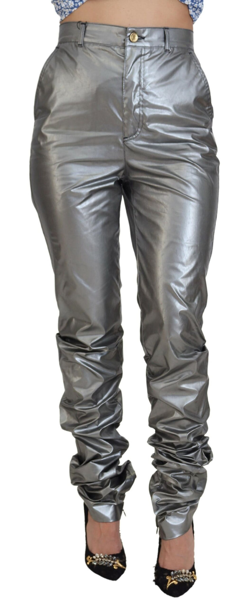 Élégant pantalon maigre de taille haute en argent