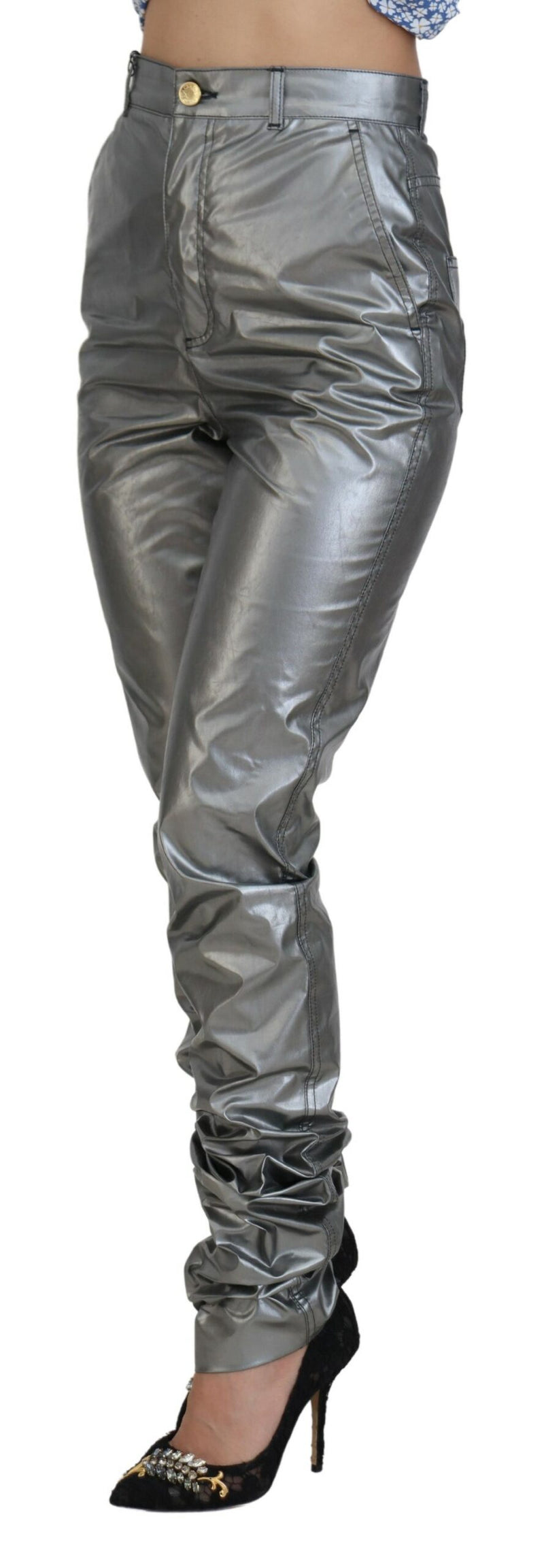 Élégant pantalon maigre de taille haute en argent