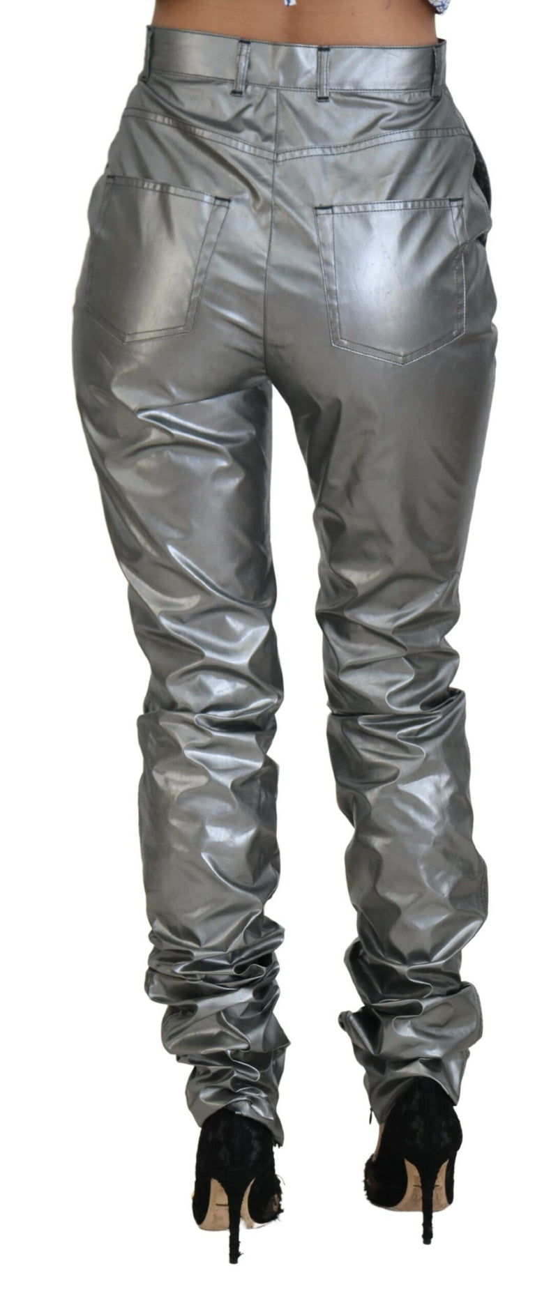 Élégant pantalon maigre de taille haute en argent