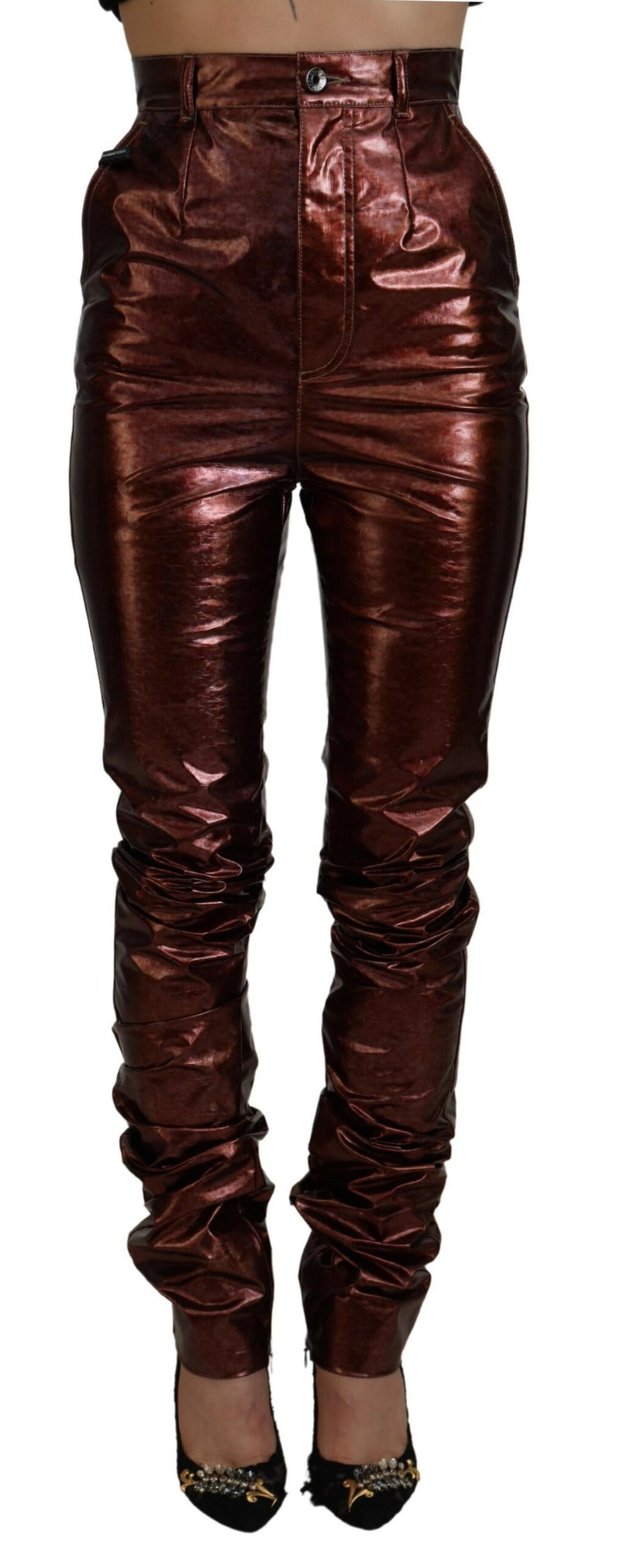 Hohe Taille -Skinny -Jeans in metallischer Bronze