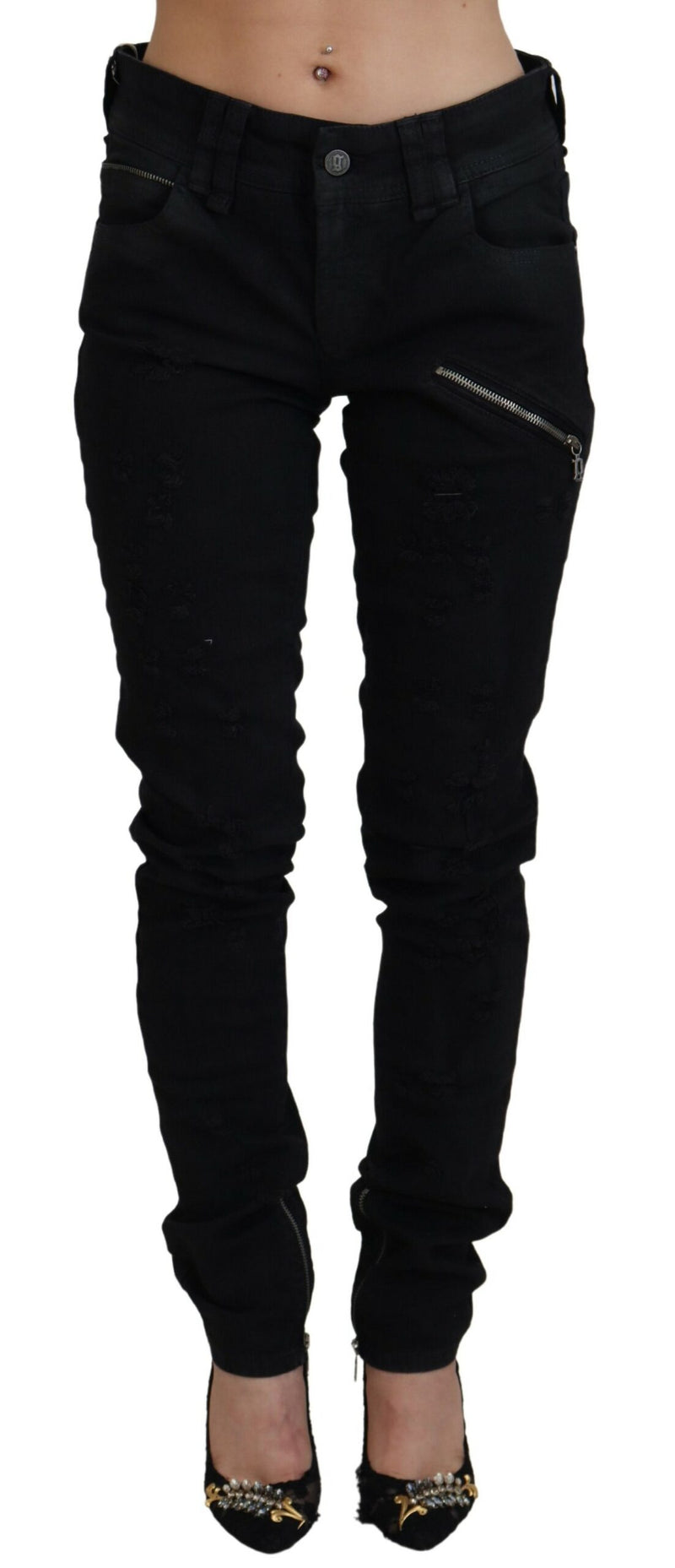 Chic Mid Waist Firiled Black Jeans