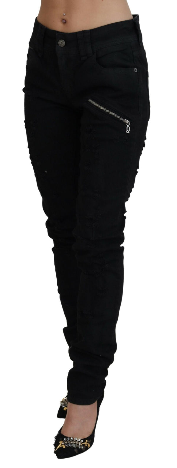 Chic Mid Waist Firiled Black Jeans