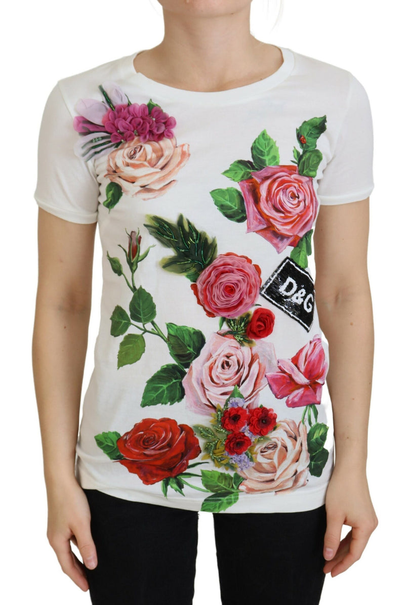 Elegante camiseta de algodón con estampado de rosas multicolor