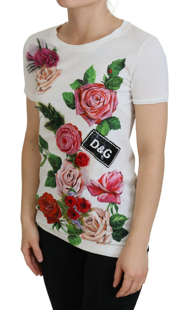 Elegante camiseta de algodón con estampado de rosas multicolor