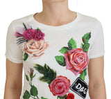 Elegante camiseta de algodón con estampado de rosas multicolor