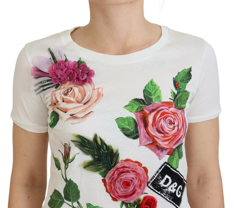 Eleganter mehrfarbiger Rosenabdruck Baumwoll -T -Shirt