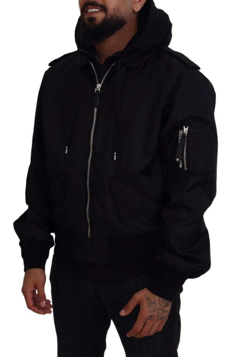 Sleek Black Hooded Bomber Jacket