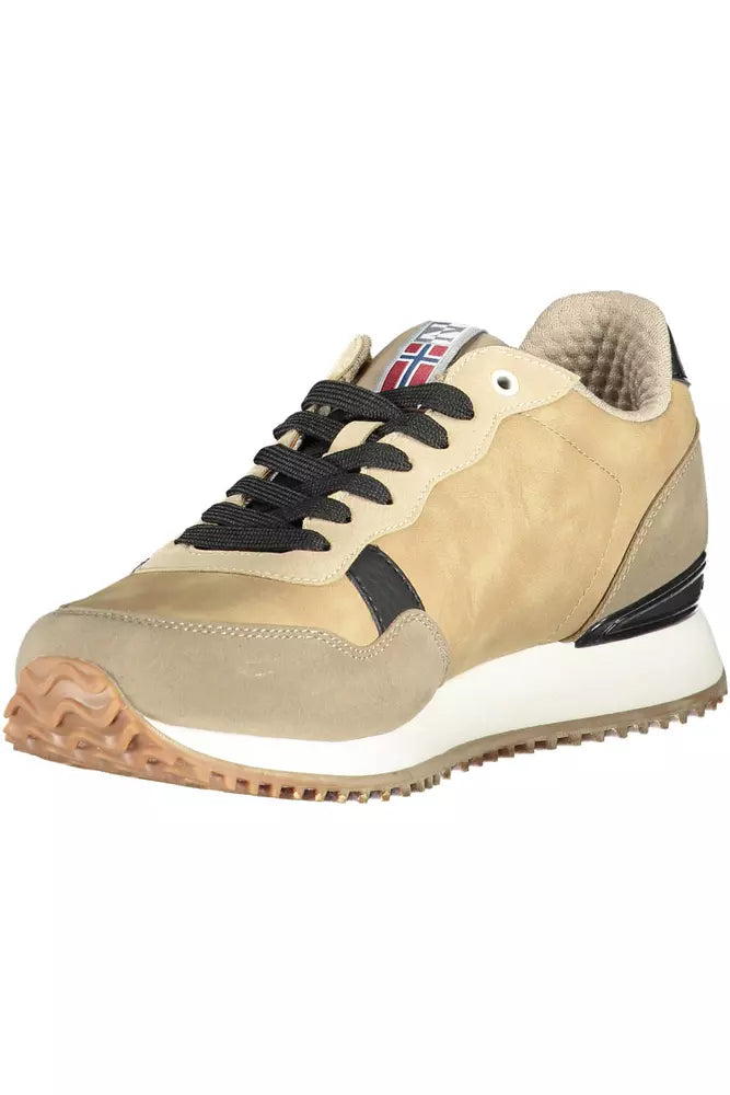 Beige Lace-Up Sports Sneakers with Logo Accent