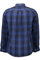 Elegante camisa de algodón azul botón