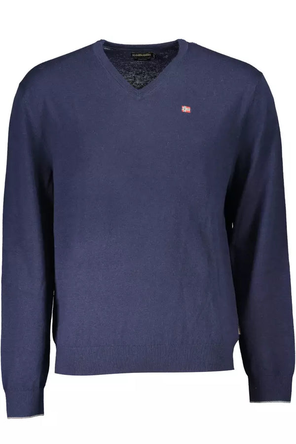 Eleganter blauer Wollpullover mit V-Ausschnitt