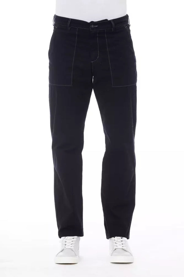 Pantaloni di cotone blu chic con cuciture a contrasto