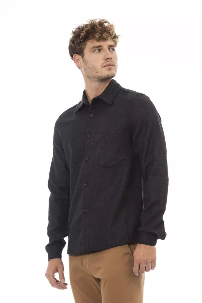 Chic Gray Flannel Button-Up πουκάμισο με μπροστινή τσέπη