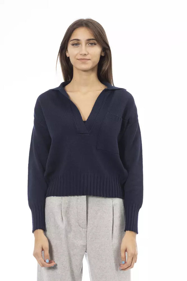 Chic V-Ausck Wollmischpullover in Blau