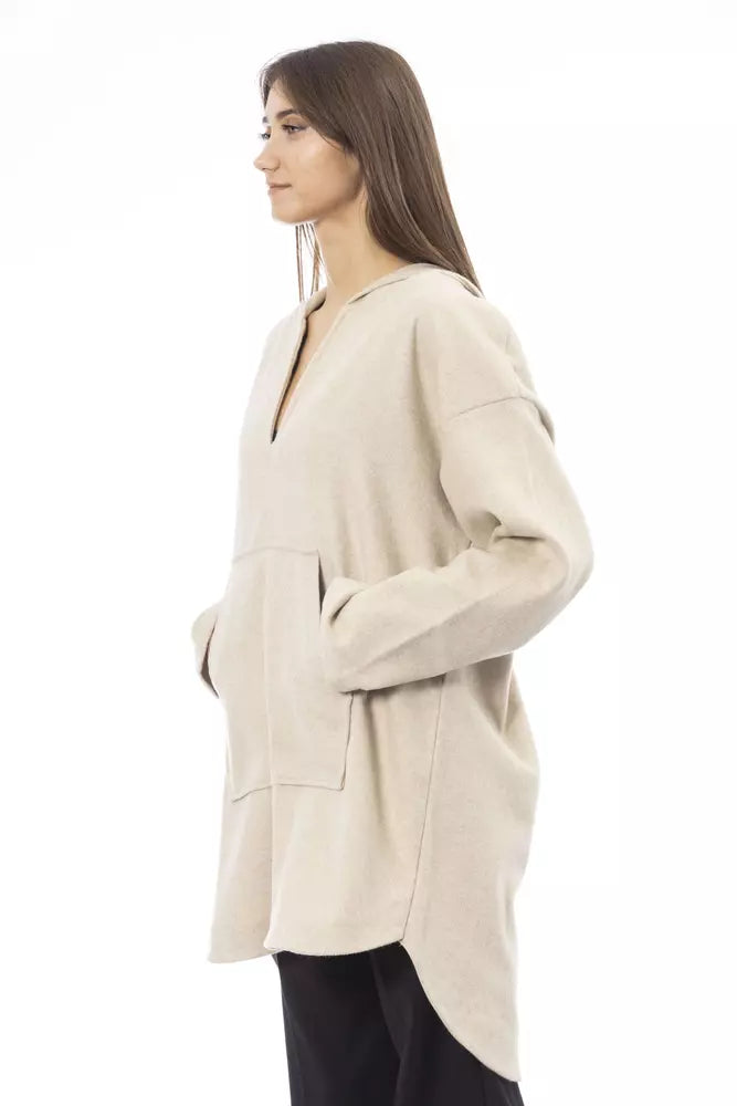 Elegante maglione lungo beige con cappuccio