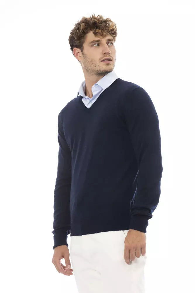 Elegante maglione del scollo a V in blu sontuoso