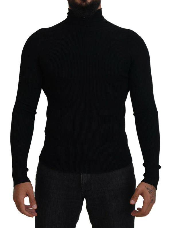 Eleganter schwarzer Wolle halbe Reißverschluss -Rollkragenpullover