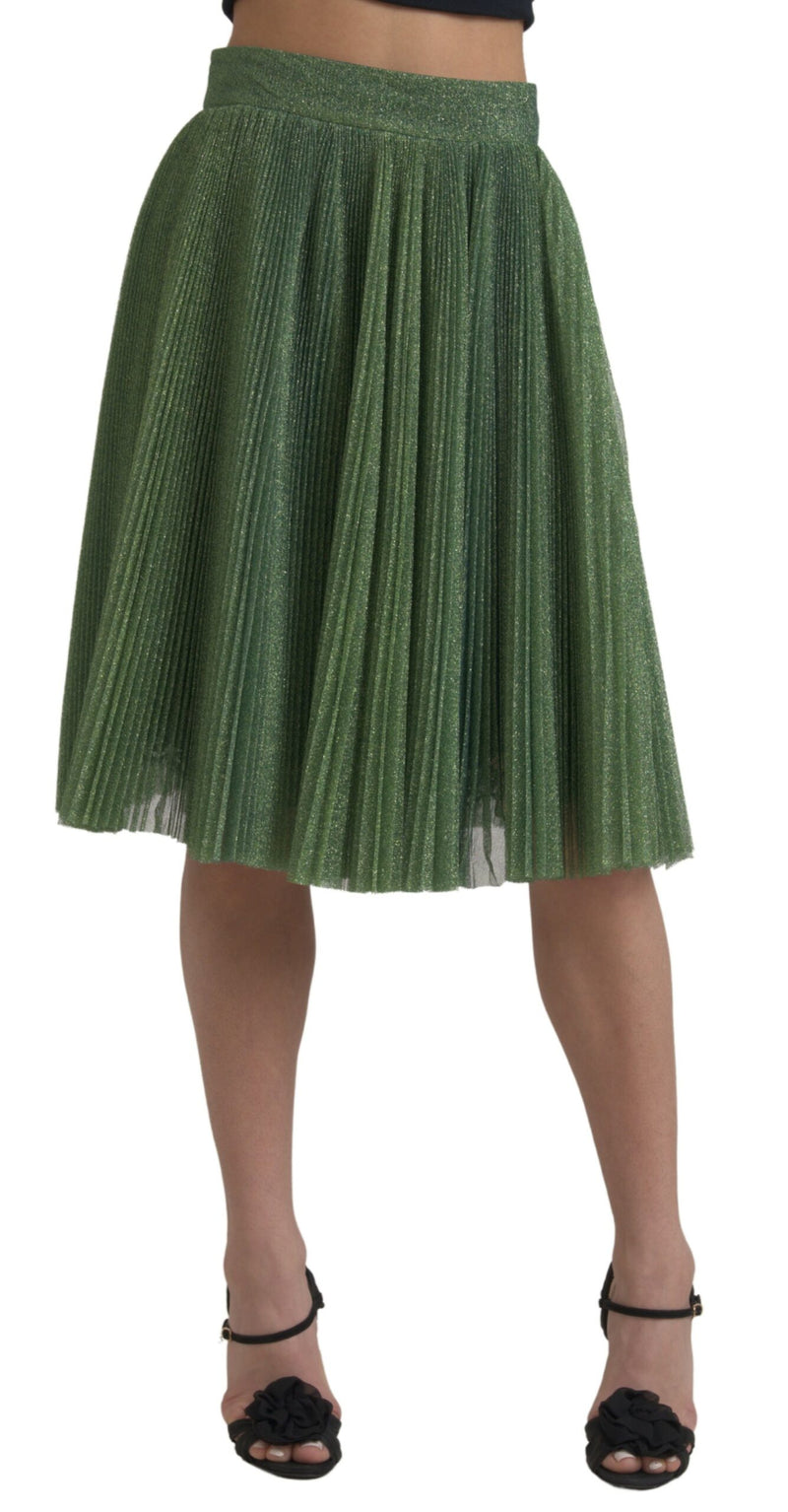 Enchanting Metallic Green Pleated A-Line Skirt