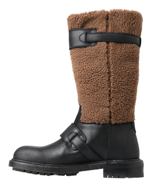 Bottes longues en cuir de shearling noir