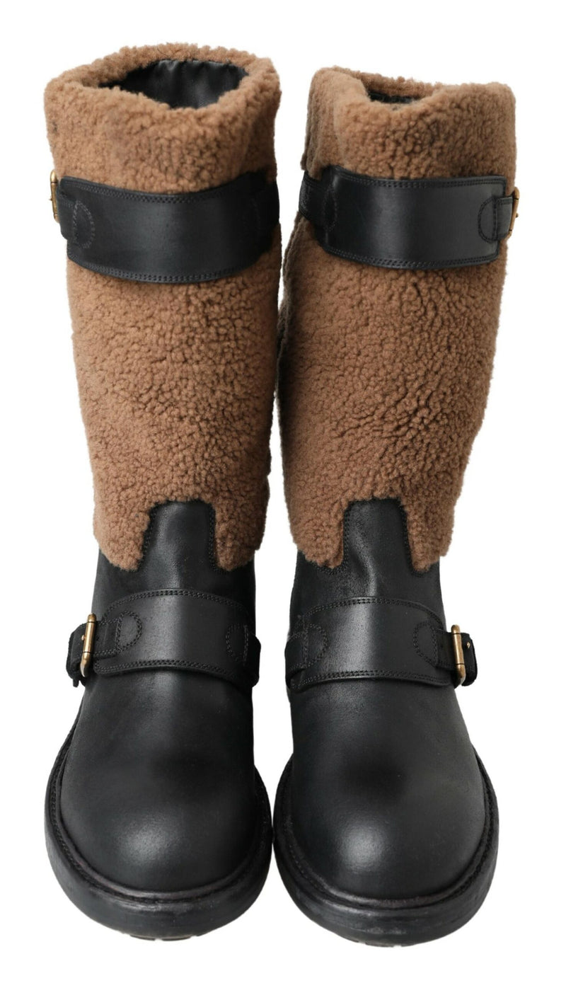 Bottes longues en cuir de shearling noir