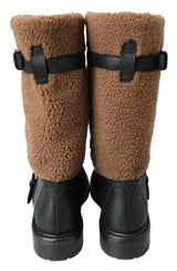 Bottes longues en cuir de shearling noir