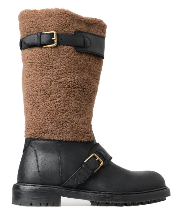 Bottes longues en cuir de shearling noir