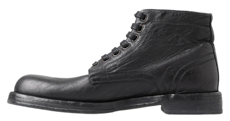 Equisite Black Lace-up δερμάτινες μπότες