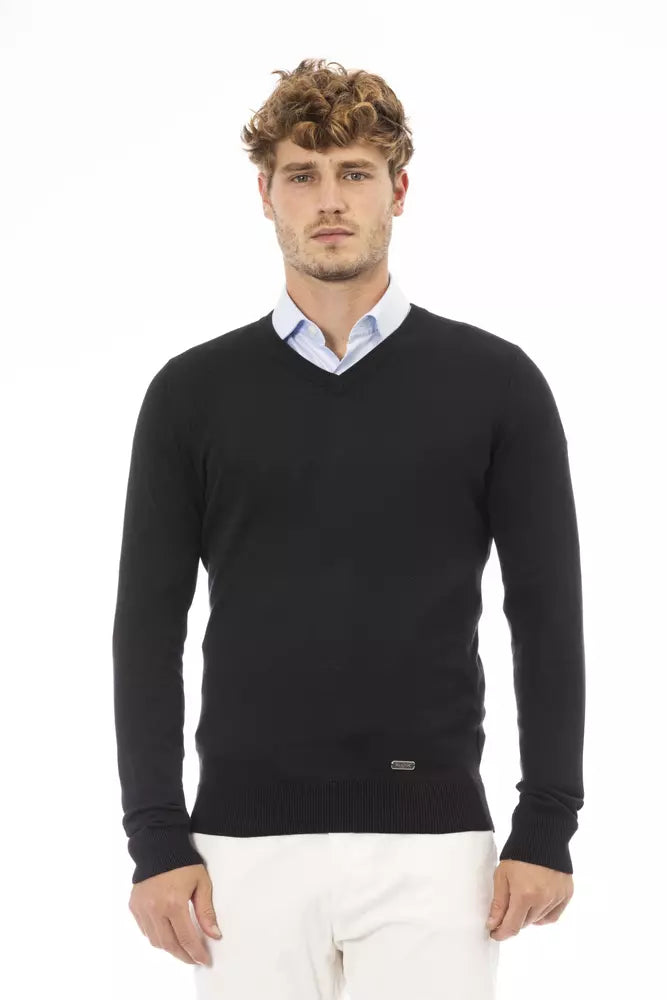 Eleganter V-Ausschnitt schwarzer Kaschmir-Mischpullover