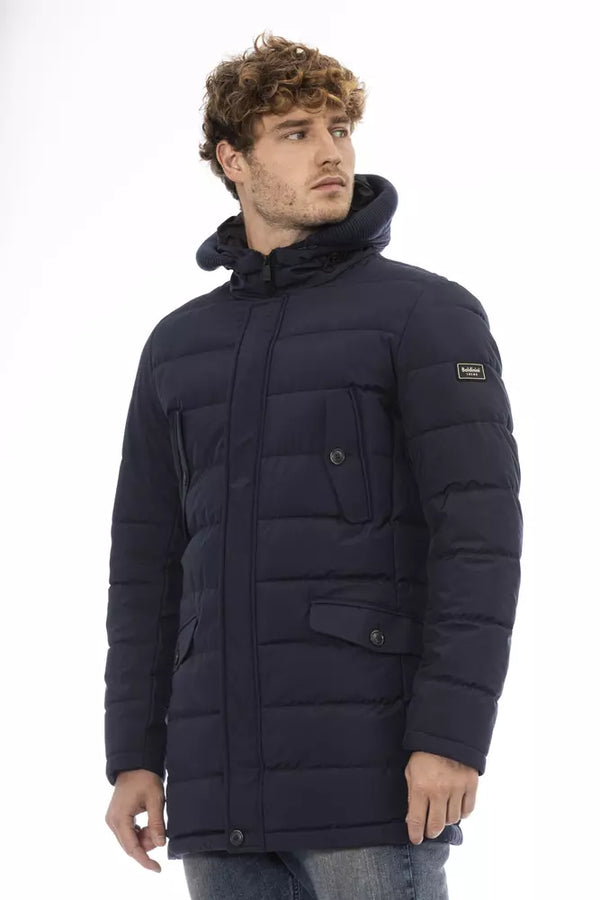 Elegante blaue Kapuzenjacke mit monogrammes Detail