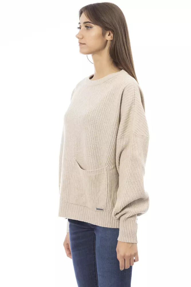 Pull à mélange en cachemire à cou de l'équipage beige chic