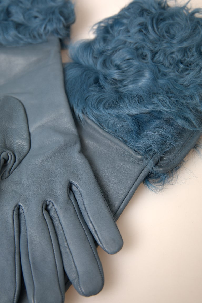 Gants élégants en cuir bleu avec garniture en fourrure