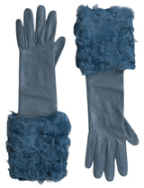 Gants élégants en cuir bleu avec garniture en fourrure