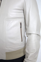 Cream Leather Bomber Jacket