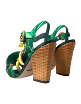 Grüne Kristallminkfell T-Strap-Sandalen