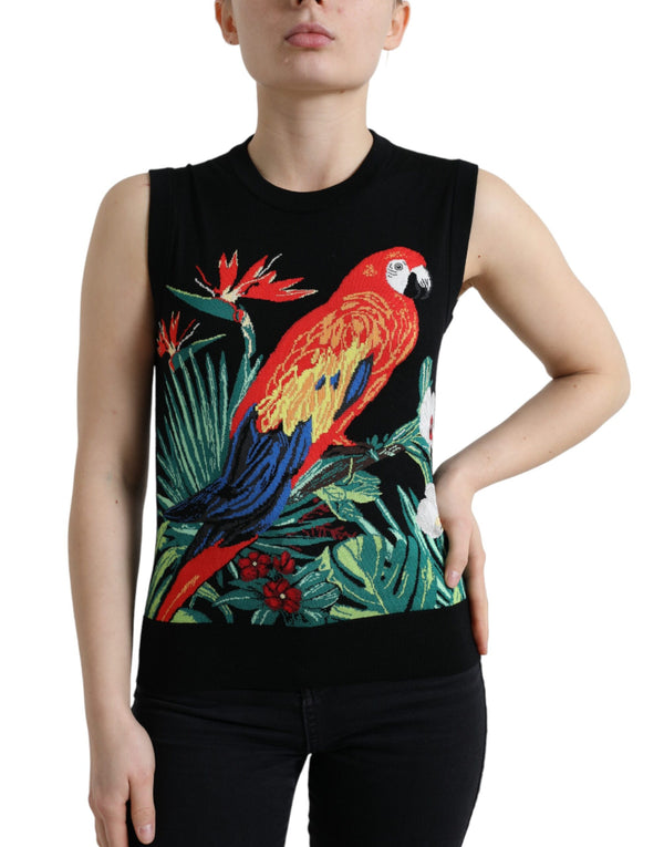 Elegant Crew Neck Wool Silk Tank avec broderie d'oiseau