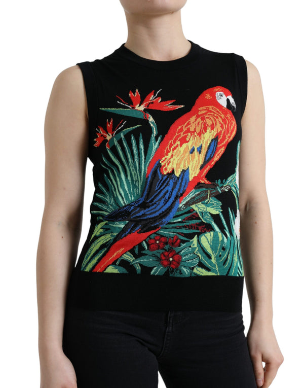 Elegant Crew Neck Wool Silk Tank avec broderie d'oiseau