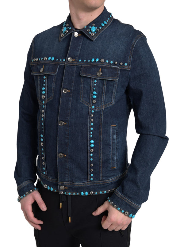 Veste en jean turquoise ornée