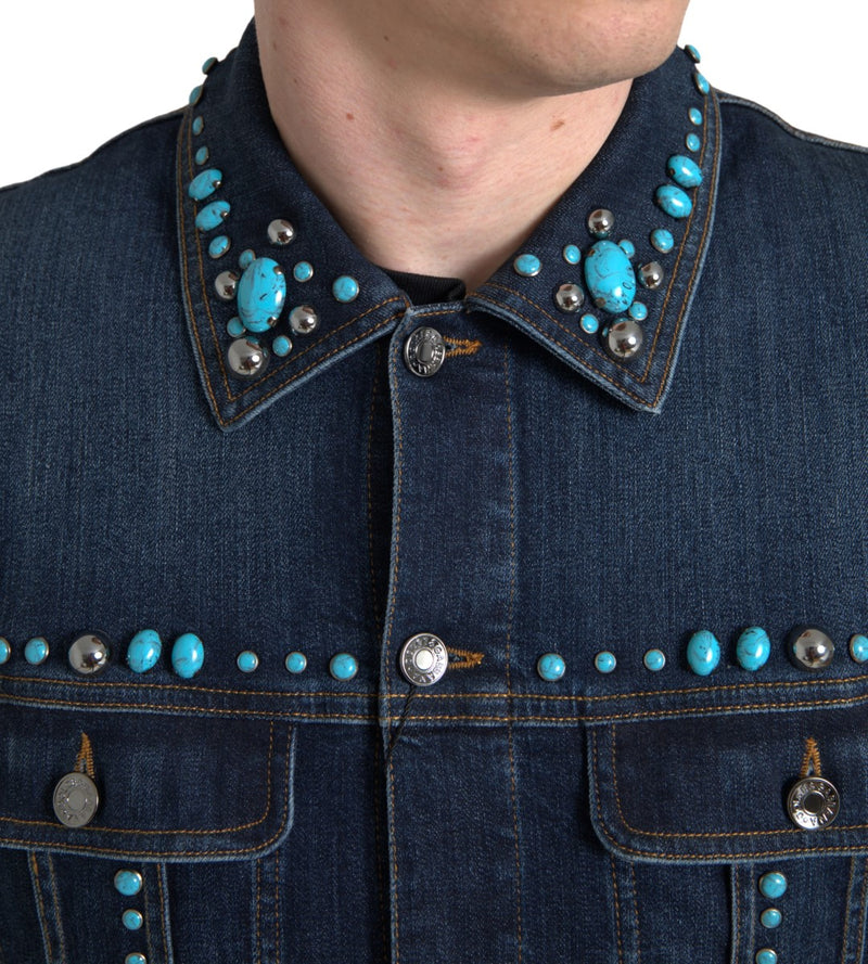 Veste en jean turquoise ornée