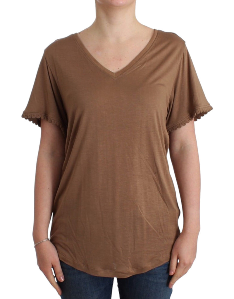 Elegante top rayon marrone a maniche corte