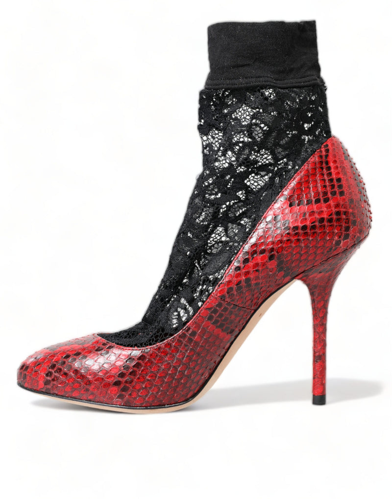 Red Almond Toe Snakeskin Pumps με κάλτσες δαντέλας