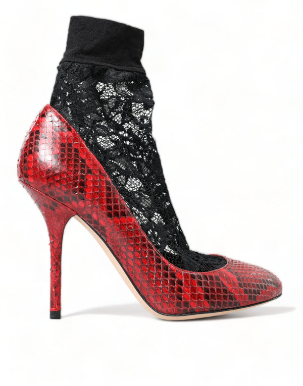 Red Almond Toe Snakeskin Pumps με κάλτσες δαντέλας