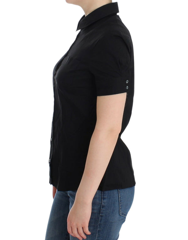 Elegante schwarze Baumwoll -Stretch -Shortsleeve -Bluse