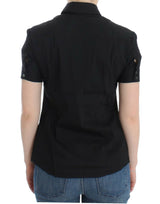 Elegante blusa de mortera corta de algodón negro de algodón